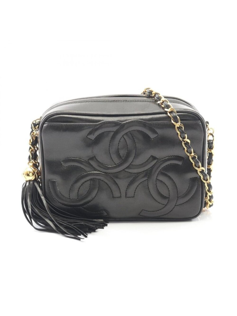 Chanel Shoulder Bag Triple CC Logo Black Lambskin Coco Fringe Small